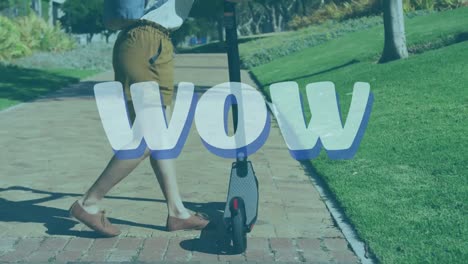wow texto y formas abstractas contra mujer afroamericana ajustando la rueda del scooter