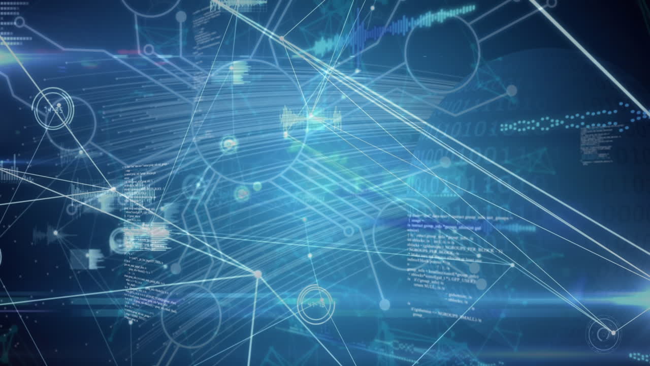 연결 네트워크, 데이터 처리, 마이크로프로세서 연결의 애니메이션 파란색 배경에