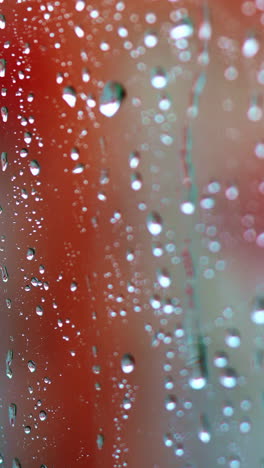 glass window in a rainy day with drops. transparent water of raindrops on a glass surface with red background. close-up. vertical video