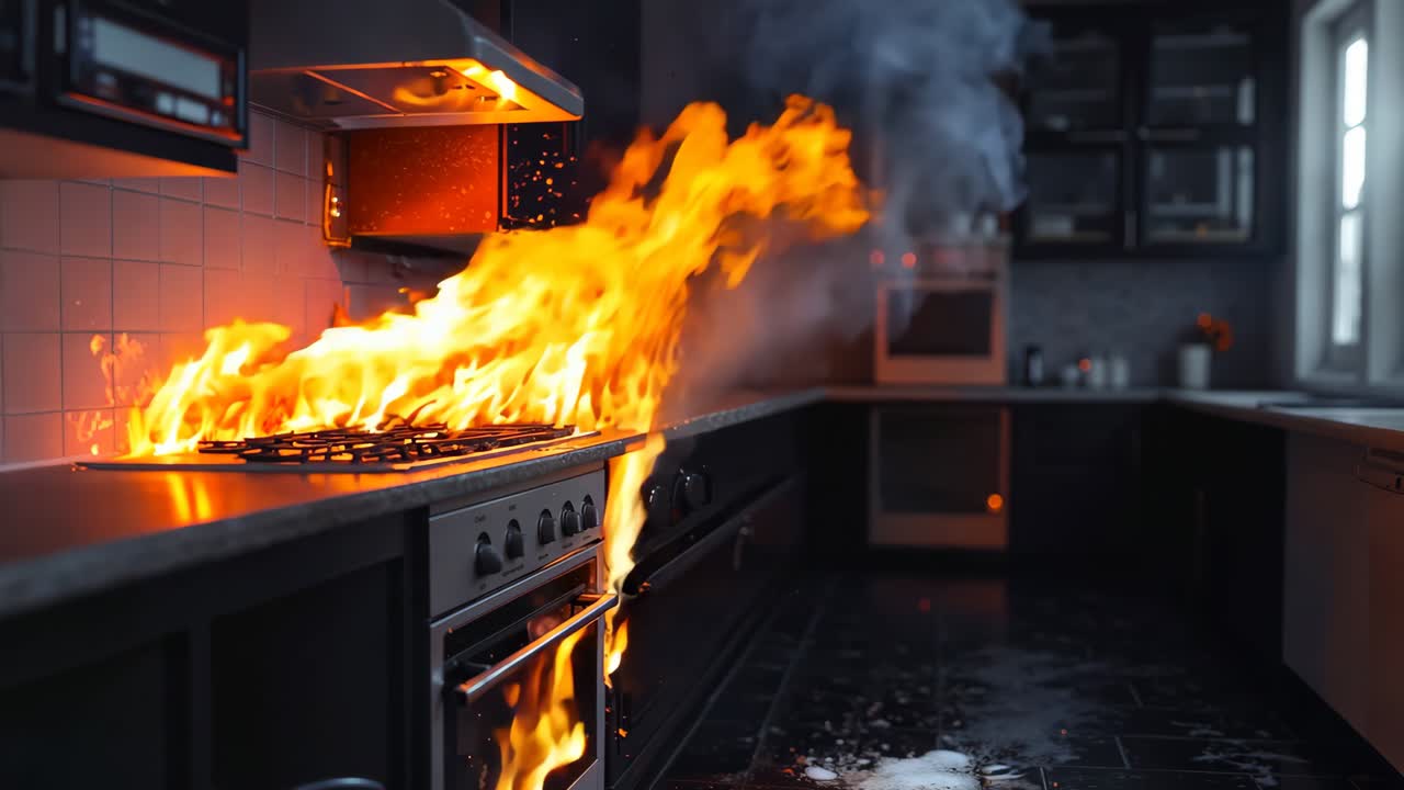 그 중간에 불타고 있는 스토브가 있는 부