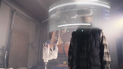 trabajador de fábrica utiliza tecnología vr/ar con robot industrial para diseñar esculturas