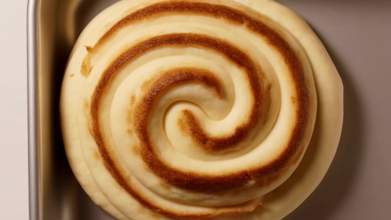 Vista dall'alto di un singolo rotolo alla cannella che riposa su una teglia di metallo, mostrando una spirale stretta di impasto pallido e lucido, strisce di cannella marrone dorato, piccole briciole sfogliate e una luce soffusa e calda.