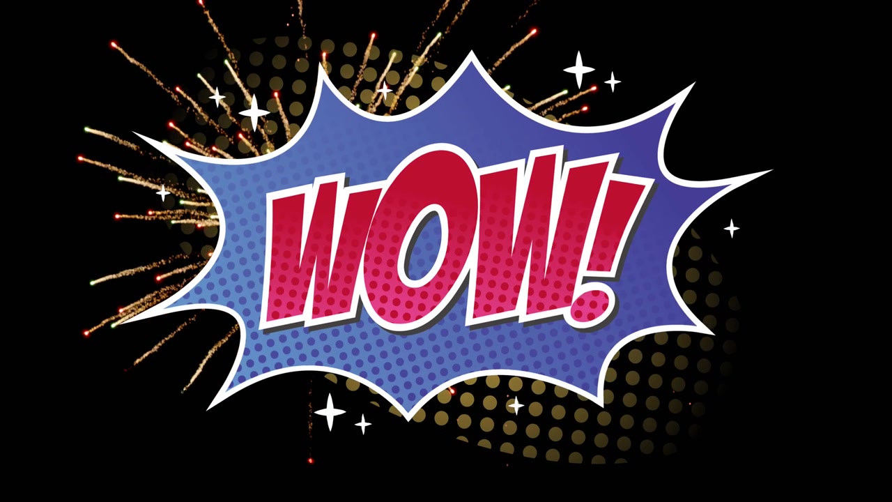 Testo "Wow" su fumetto retrò contro fuochi d'artificio che esplodono su sfondo nero.