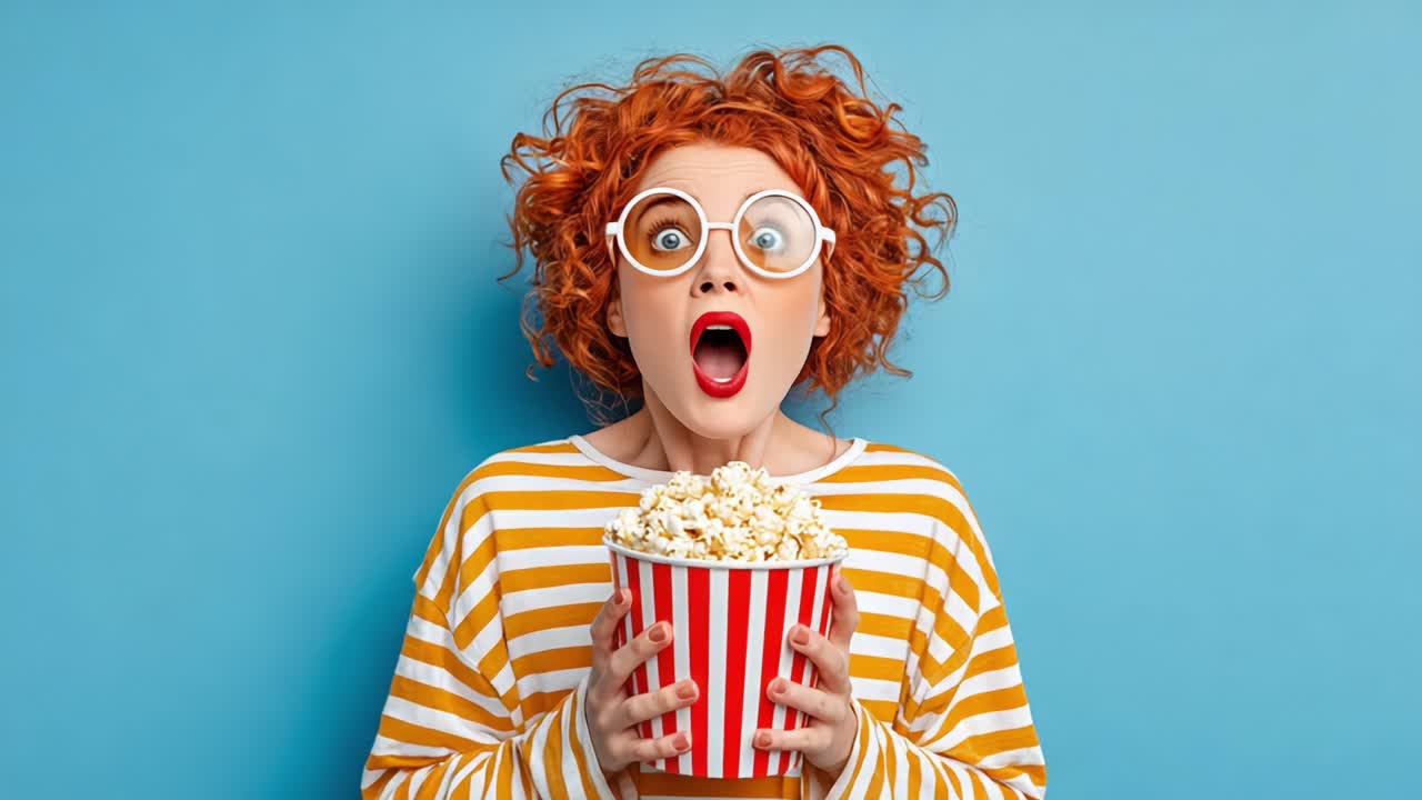 Un'emozionante esperienza cinematografica: Una donna allegra con i capelli rossi ricci e occhiali alla moda che gusta deliziosi popcorn su uno sfondo blu brillante