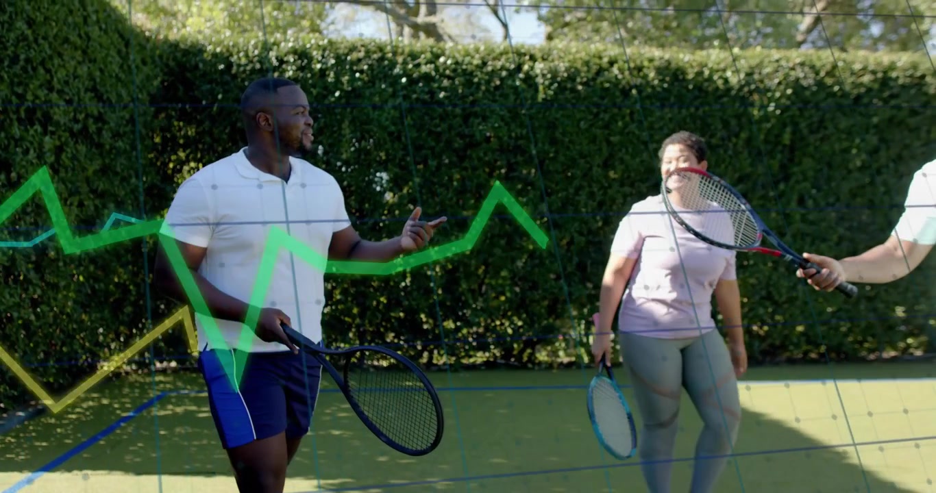 Trio walking on tennis court, right man entering and starting chat, animated charts crossing frame