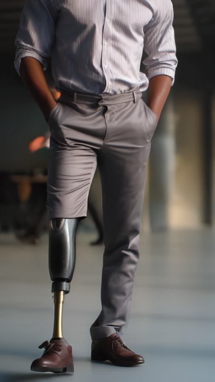 Inspiring Resilience: A Professional Man with a Prosthetic Leg Stands Confidently, Showcasing Strength and Style in a Contemporary Setting