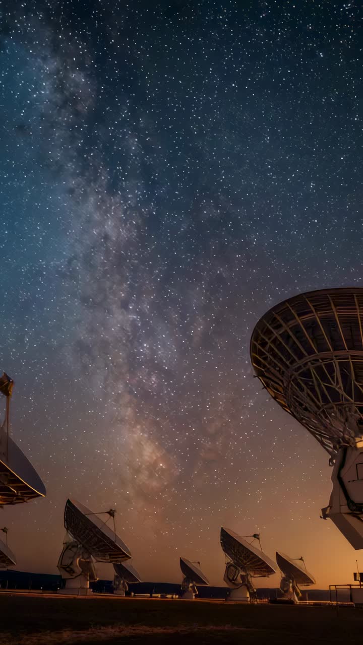 Vertical video: Time-lapse camera recording radio dishes with big dish on plain, Milky Way drifting
