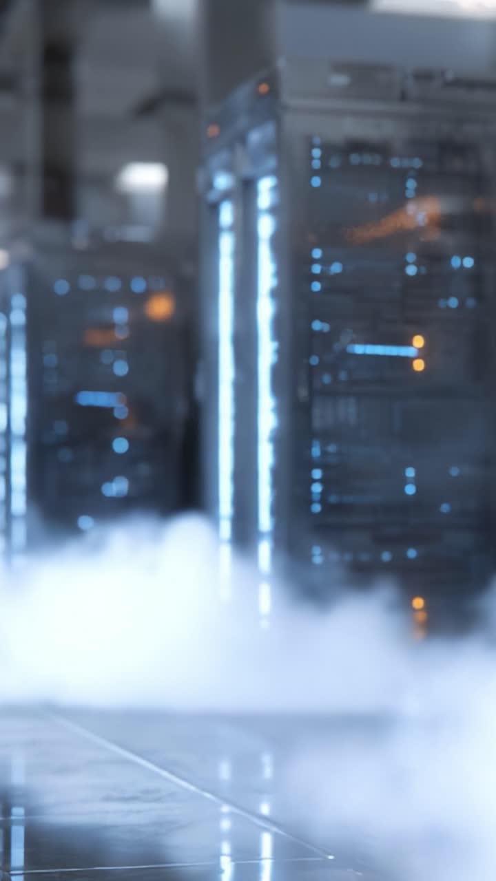 A Futuristic Data Center Scene with Glimmering Server Racks Surrounded by Soft Mist, Creating an Atmosphere of High-Tech Innovation and Efficiency in Network Management