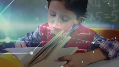 animación de un niño leyendo un libro a través de una red de conexiones en el fondo