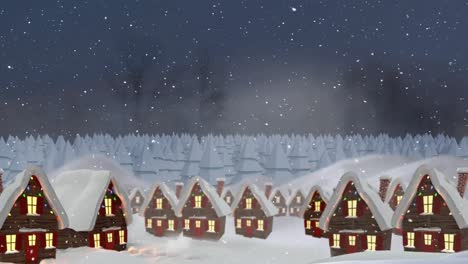 Animation-of-snow-falling-over-houses-decorated-with-fairy-lights-in-winter-landscape