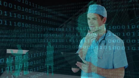 animación del procesamiento de datos sobre un médico caucásico de fondo negro.