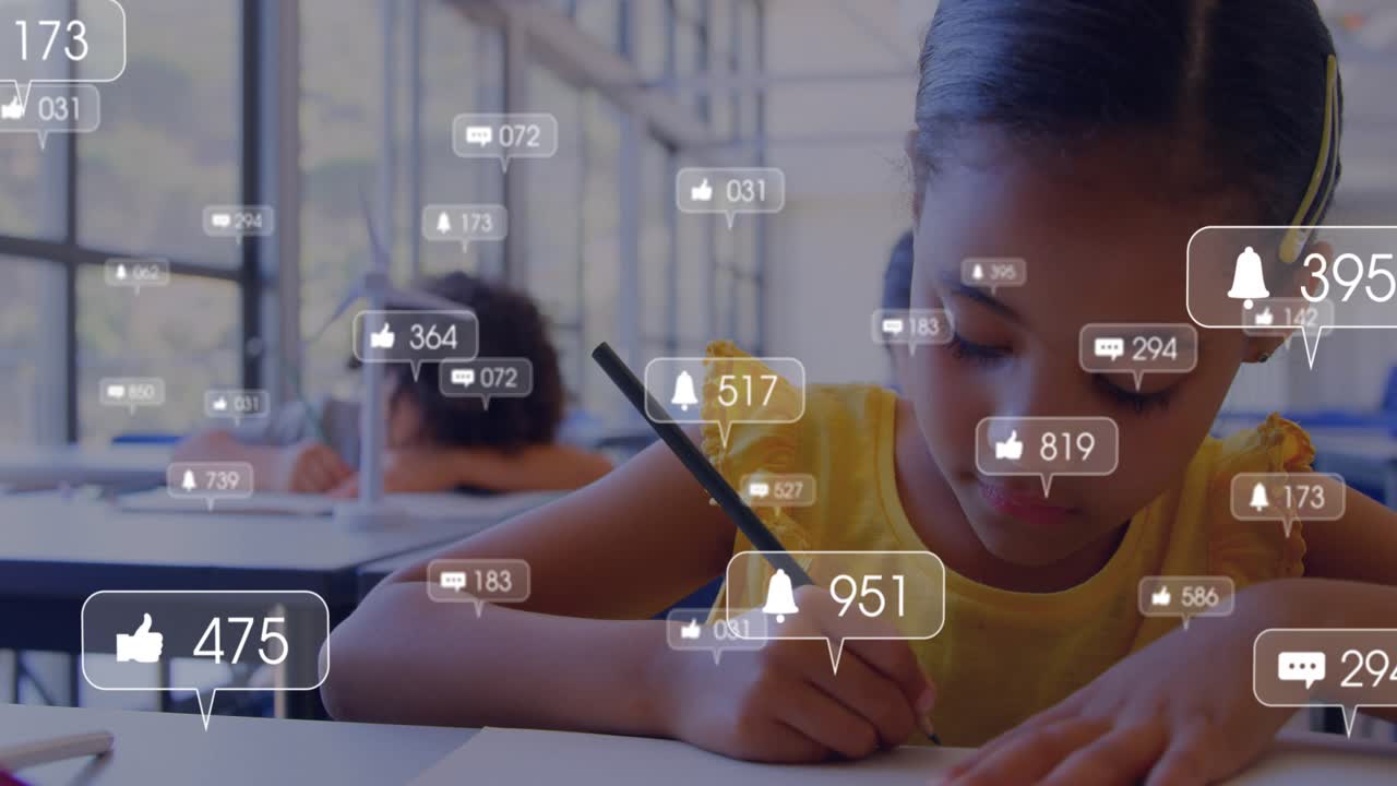 Girl sketching at school desk causing icons appearing with feedback counts multiplying and drifting
