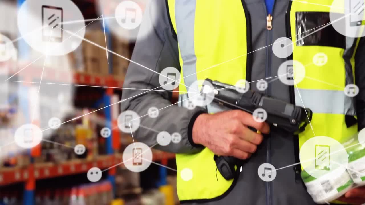 창고에서 일하는 사람에 대한 아이콘과 연결 네트워크의 애니메이션