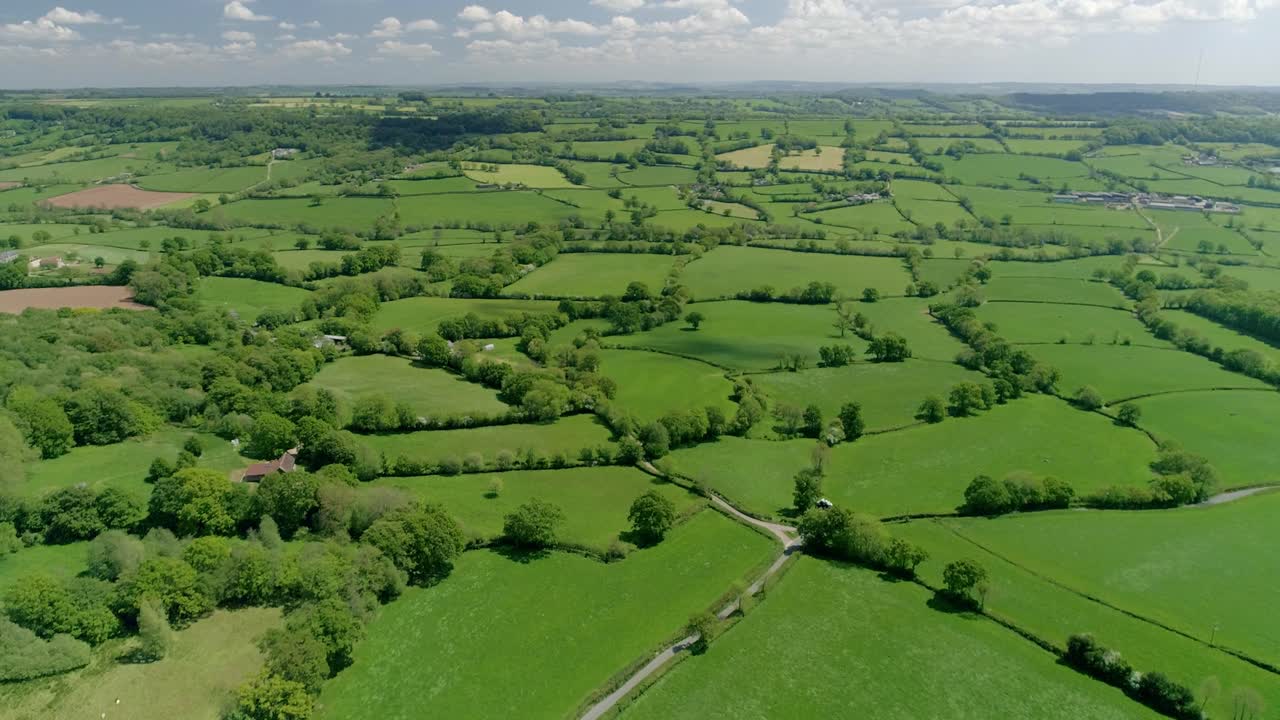 Luchtopname, hoog langs een landweggetje in een uitgestrekt groen veldlandschap, Devon, Engeland