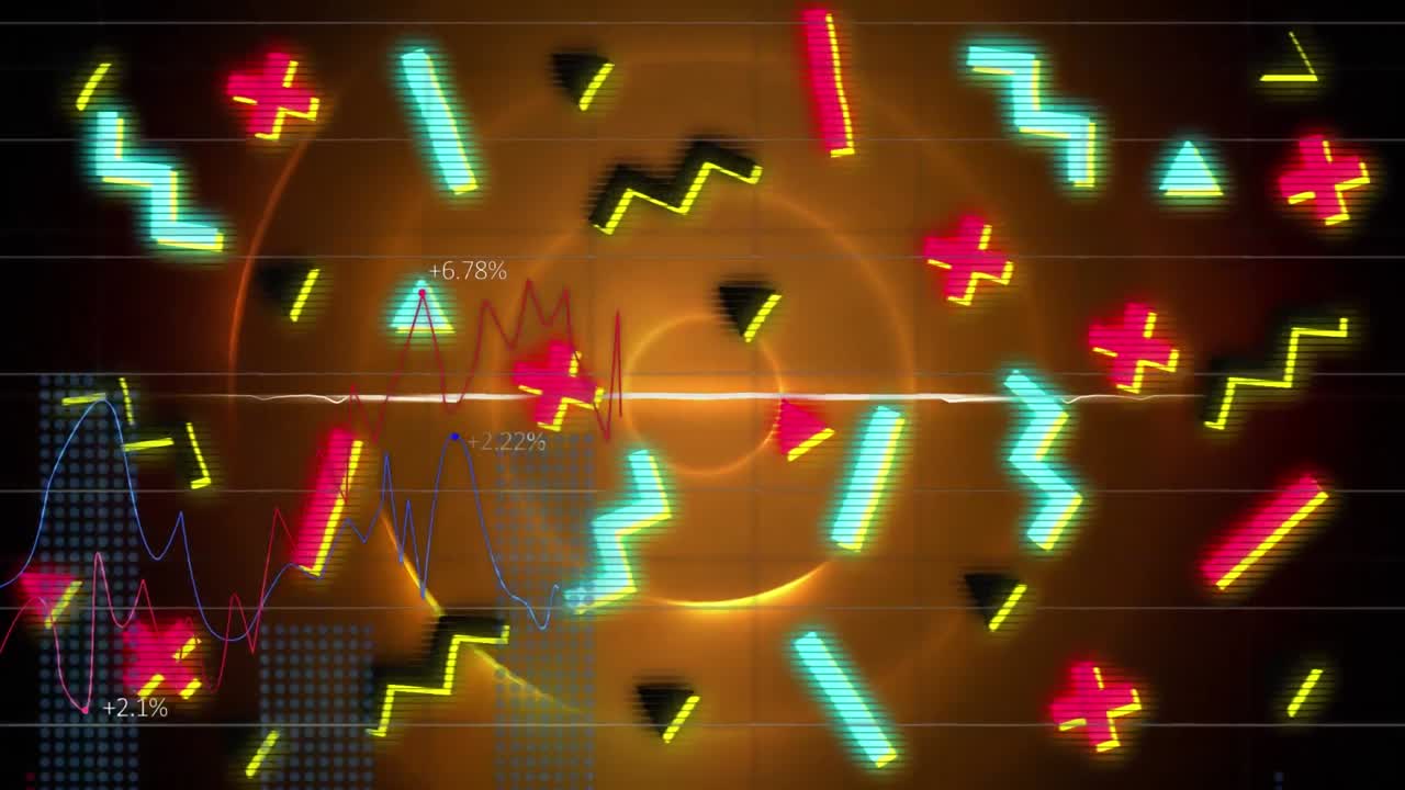 animación de formas y procesamiento de datos sobre fondo negro