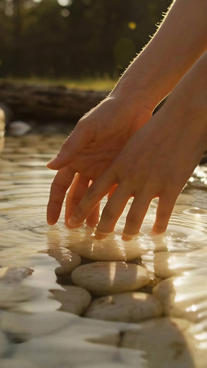 Vertical video: Descending adult hands touching water and feeling pebbles at pond, creating ripples