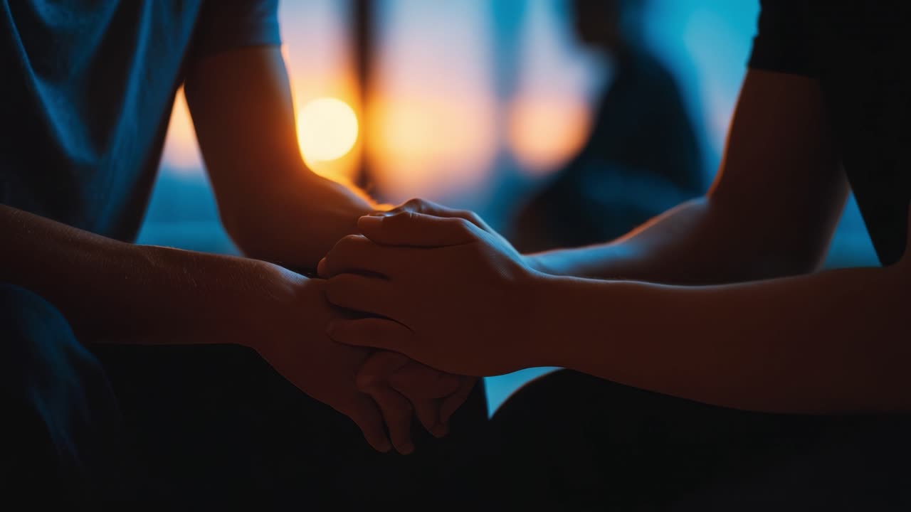 A Moment of Connection: Two Hands Holding Together at Sunset, Symbolizing Trust, Relationship, and Emotional Bonding Between Individuals in a Serene Atmosphere