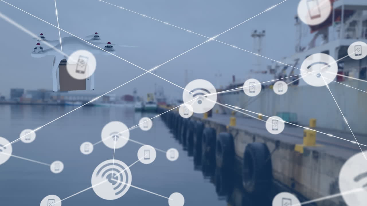 패키지를 운반하는 드론을 통해 아이콘으로 연결된 네트워크의 애니메이션