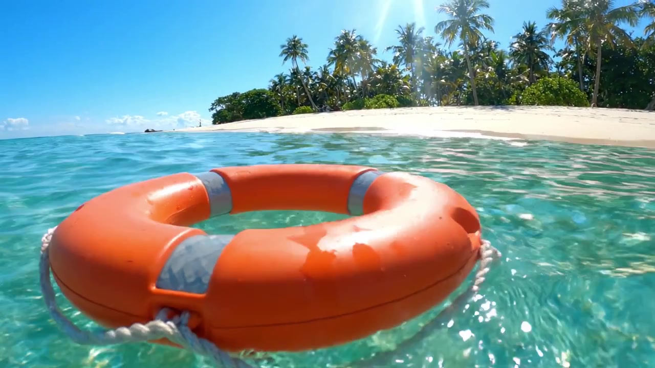 Uma Cena Serena de Ilha Tropical Apresentando uma Boia Salva-Vidas Flutuando em Águas Cristalinas Sob um Céu Ensolarado Brilhante Rodeada por Palmeiras e Praia de Areia