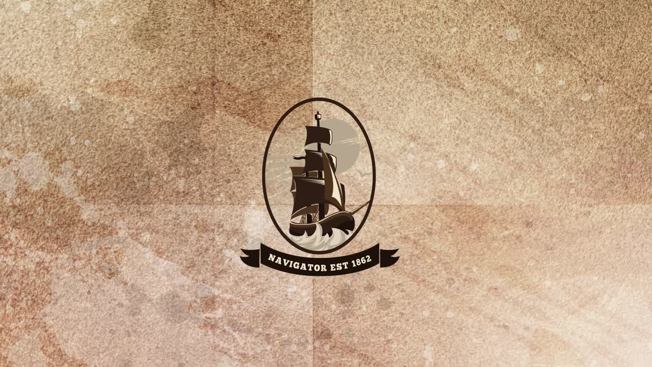 animación de la placa con el barco y el navegante est 1862 texto en movimiento en fondo marrón angustiado