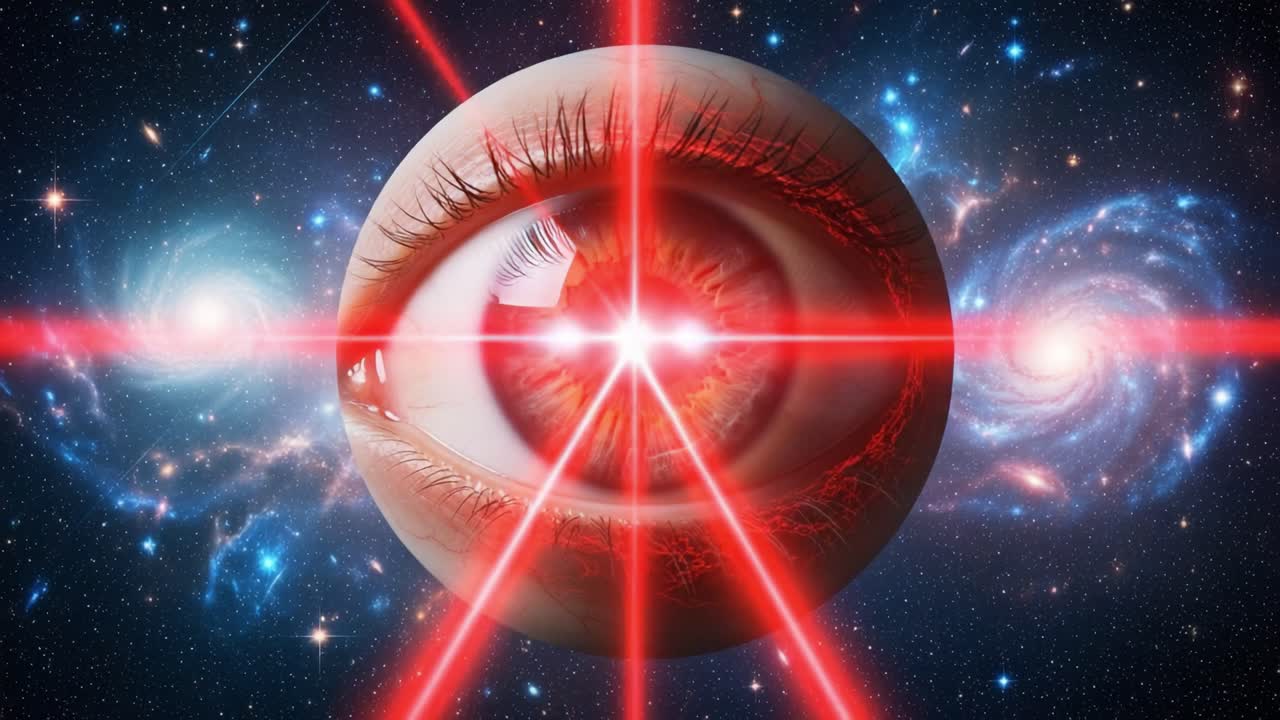 A Cosmic Eye: Exploring the Mystery of the Universe Through a Mighty Eye Illuminated by Red Laser Beams Surrounded by Galaxies and Stars Drawing the Viewer’s Attention
