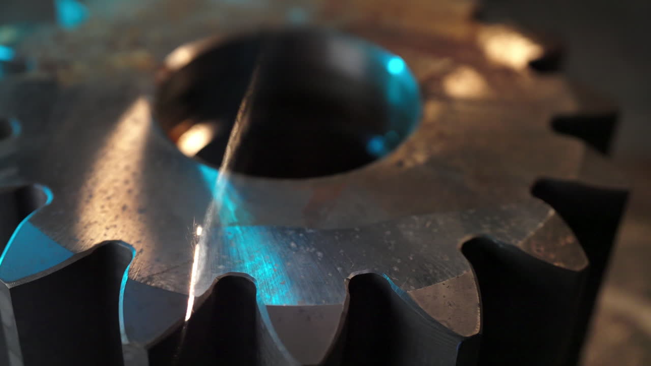 laser rust removal on a large iron gear. laser cleaning effortlessly strips away corrosion. Manufacturing, engineering, and industrial innovation content eco-friendly metal restoration in action
