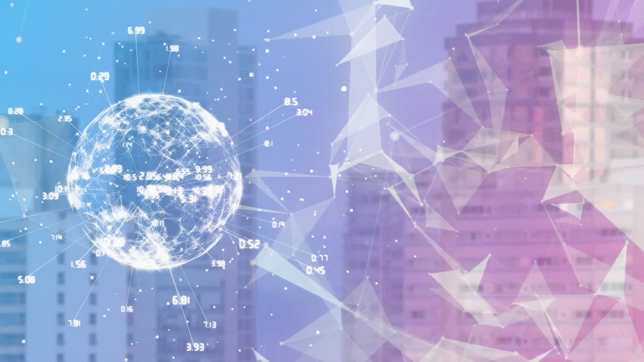 플렉서스 네트워크와 도시 풍경에 대한 회전하는 지구