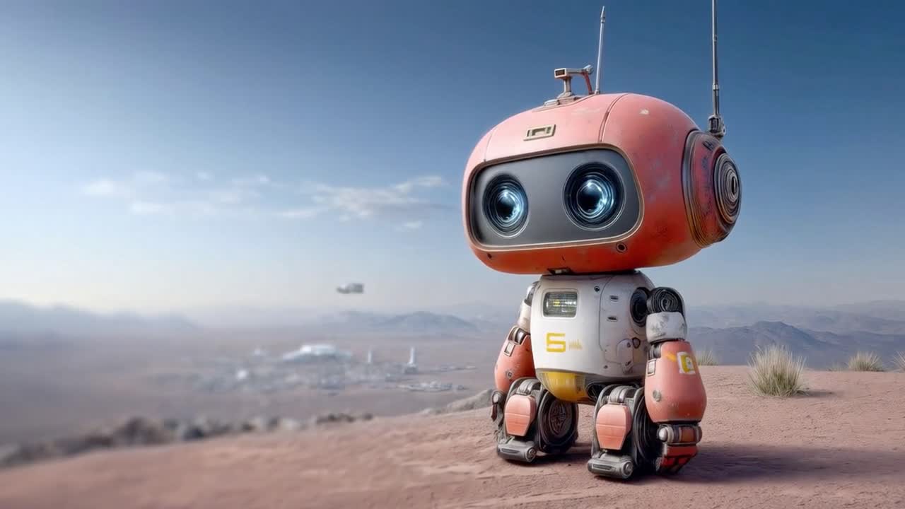 Cute robot on a Martian landscape