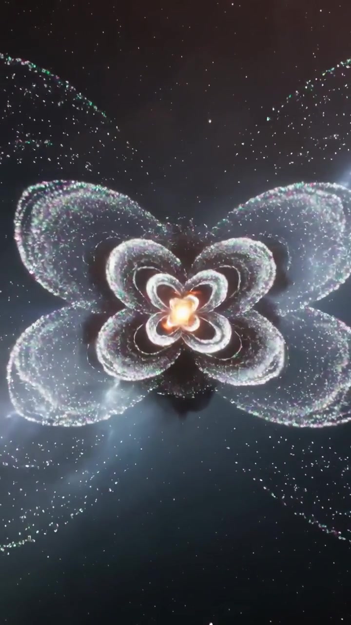 Video verticale: Nucleo ad arco che spara getti, formando petali, sfumando in una nuvola scura tra bagliori e stelle.