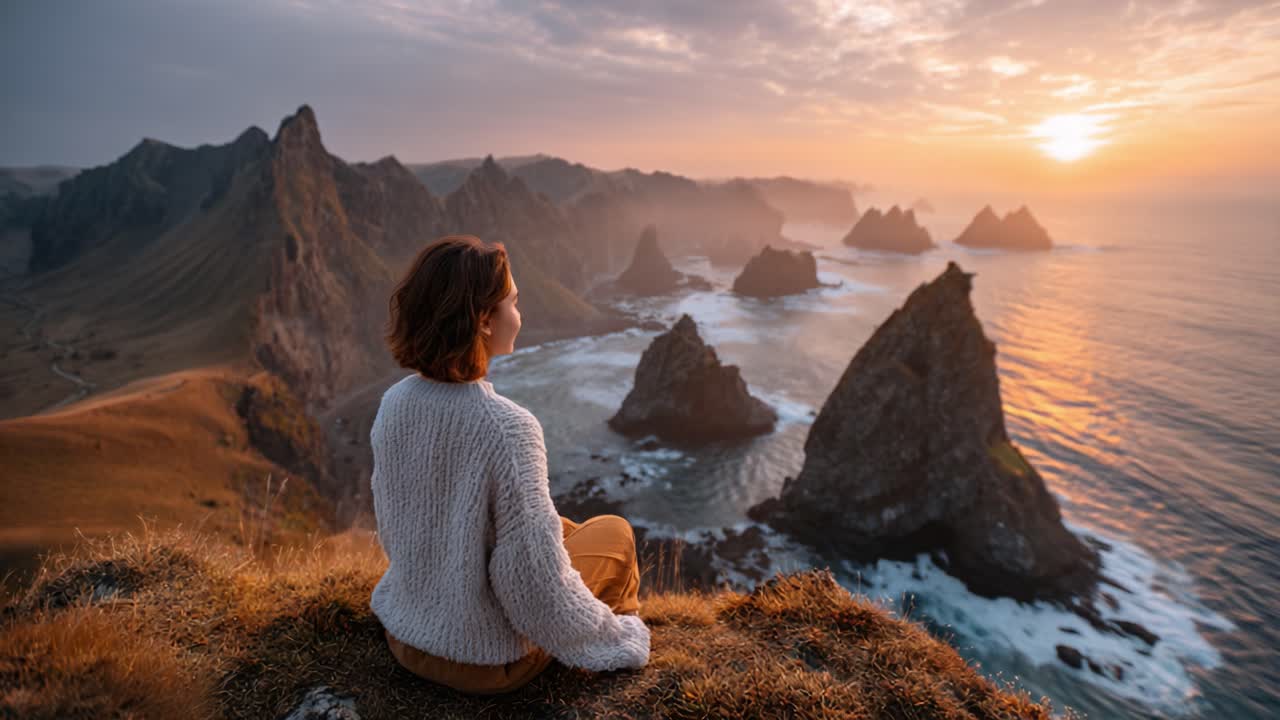 A Woman Contemplates the Majestic Cliffside Landscape as the Sun Sets Over the Ocean, Creating a Serene Atmosphere Filled with Natural Beauty and Tranquility