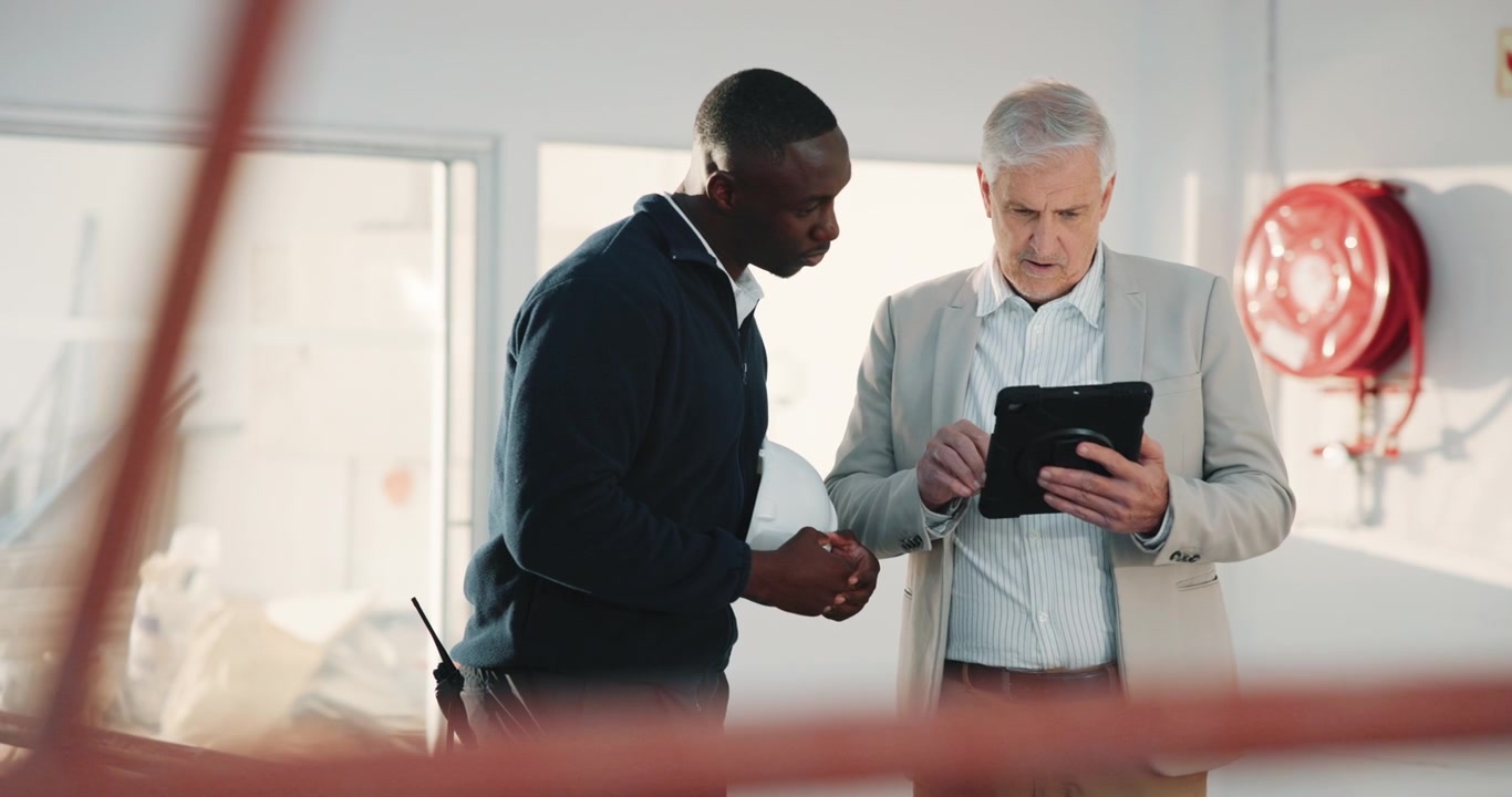 Two Professionals Discussing Project Details on a Tablet in a Warehouse