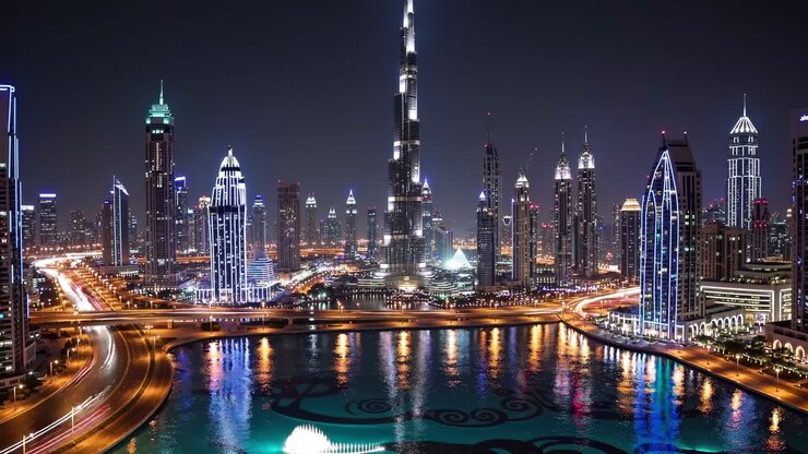 Illuminated skyscrapers dominate the cityscape at night, with light trails from traffic and their reflections creating a mesmerizing spectacle in the water below
