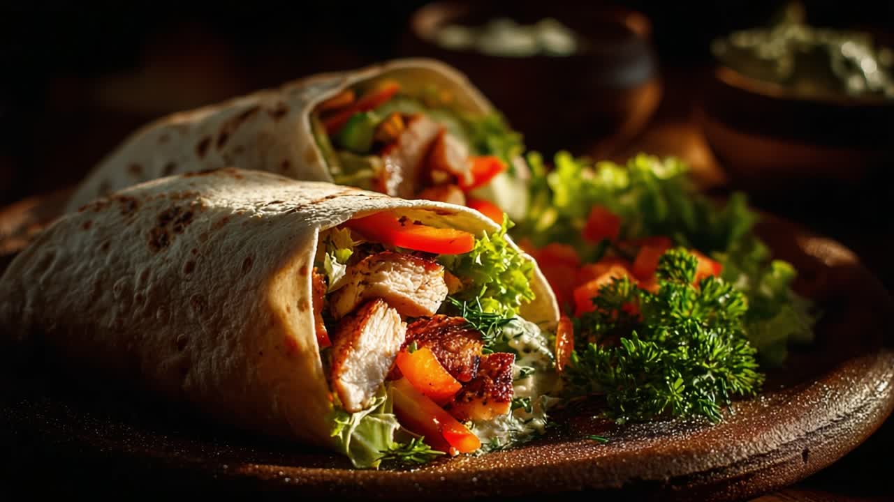 Deliciously Wrapped Grilled Chicken Burritos with Colorful Vegetables and Fresh Greens, Perfectly Served with a Creamy Dip in a Rustic Setting