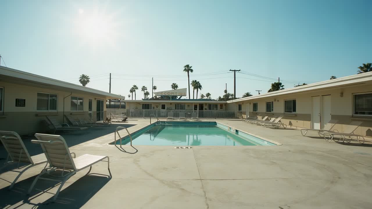 Shifting sunlight dancing on pool water in motel courtyard, highlighting ladder and lounge chairs