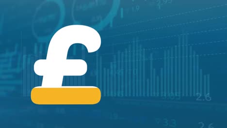 Animation-of-pound-symbol-filling-up-and-increasing-percentage-against-stock-market-data-processing