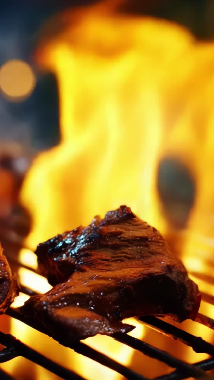 Bistecca perfetta alla griglia: un primo piano accattivante di carne succosa che cuoce su fiamme intense su una griglia per barbecue, che mette in risalto le tecniche di cottura e il sapore