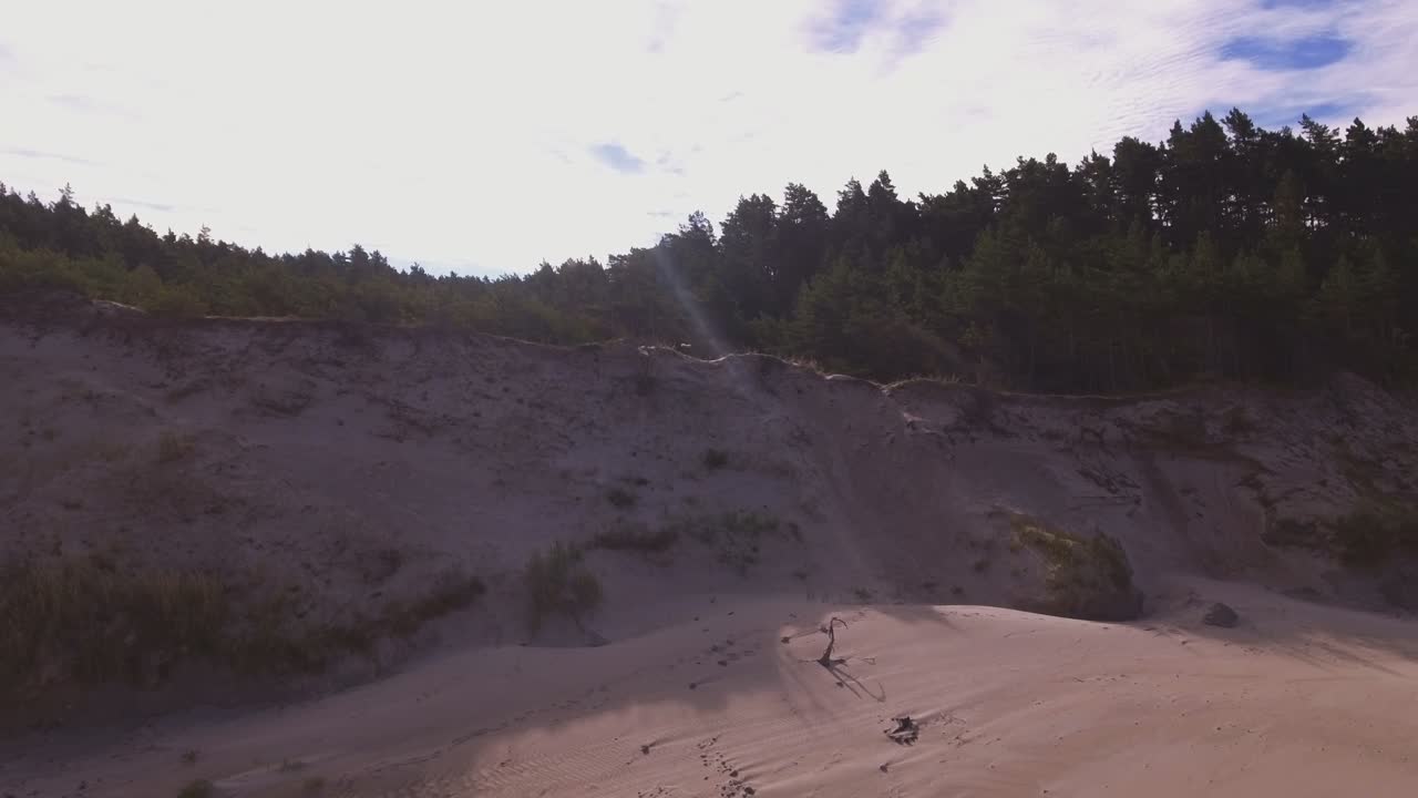 Baltic Sea Coastline Sandy Dunes In Latvia, Europe. Aerial Dolly-Out Pedestal-Up