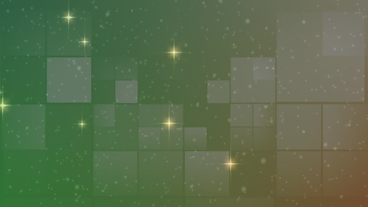 animación de estrellas de navidad que se mueven sobre el humo y cuadrados de luz en el cielo nocturno