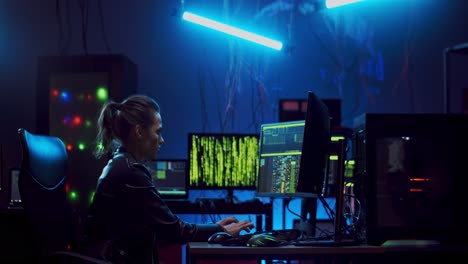 young pretty woman software developer working at night on two computers simultaneously and programming virus or antivirus