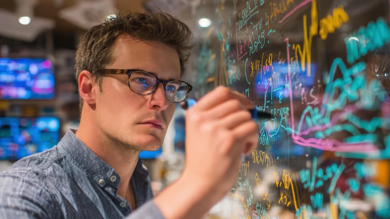 Focused Individual Analyzing Data on a Transparent Board, Engaging in Mathematical Formulas and Diagrams Amidst a Technologically Advanced Environment