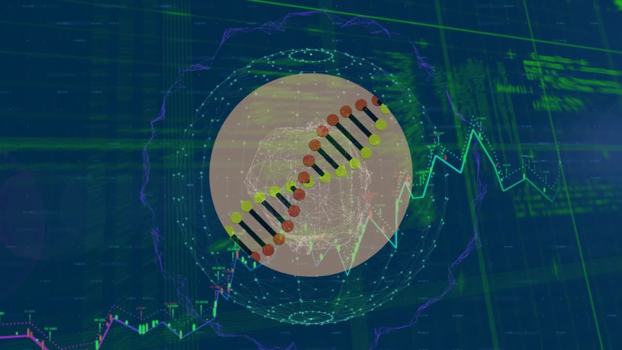Animation of dna strand over data processing and globe on black background