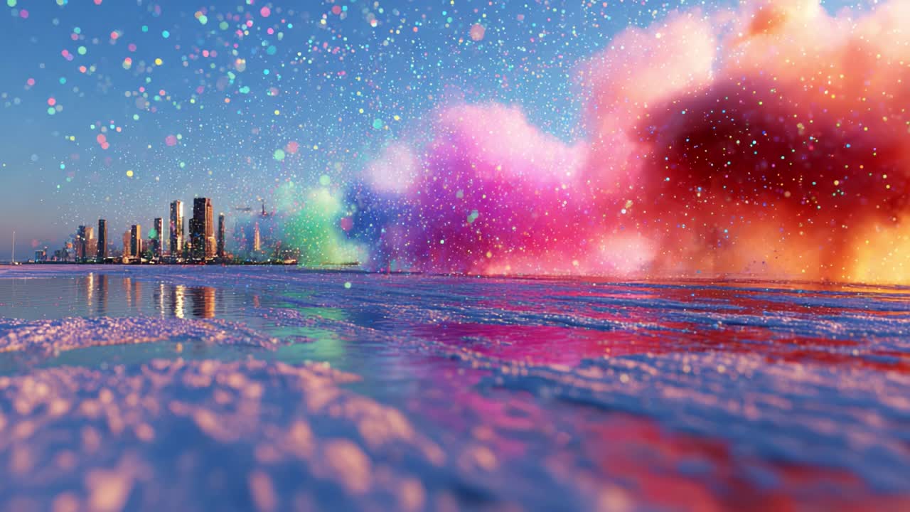 A stunning display of vibrant colors and textures, showcasing a beautiful waterfront where sparkling reflections dance on the surface, set against a backdrop of dramatic clouds and city skylines