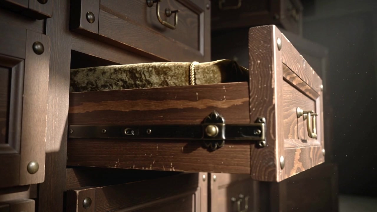 Mano invisibile che tira un cassetto di legno verso l'esterno su una guida metallica in un angolo in penombra, rivelando un vassoio di velluto.