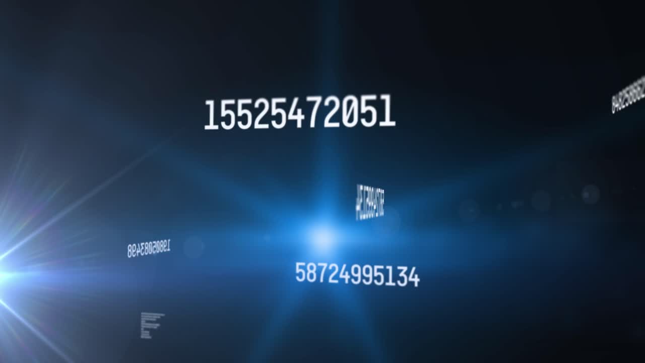 Animation of numbers changing data processing on glowing blue background