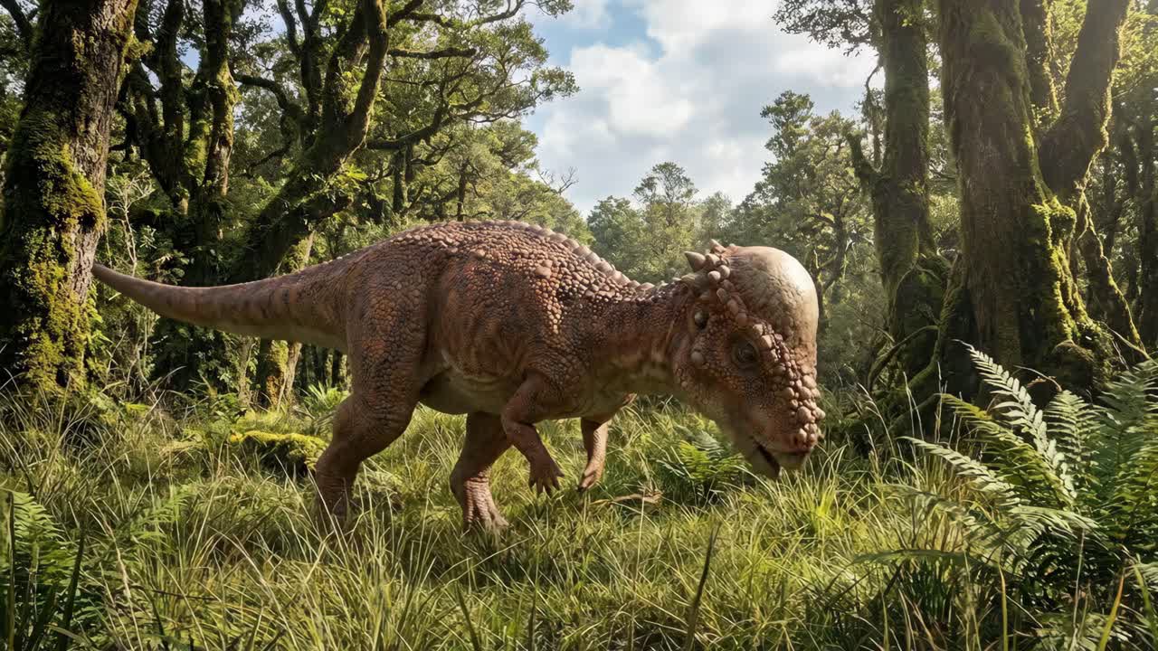 Pachycephalosaurus in una rigogliosa foresta preistorica