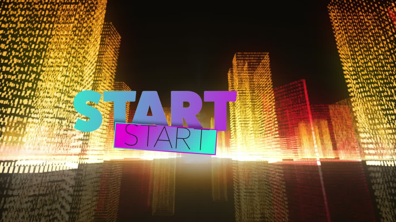 animación del efecto glitch sobre el banner de texto de inicio contra modelos de construcción 3d en un patrón sin costuras.