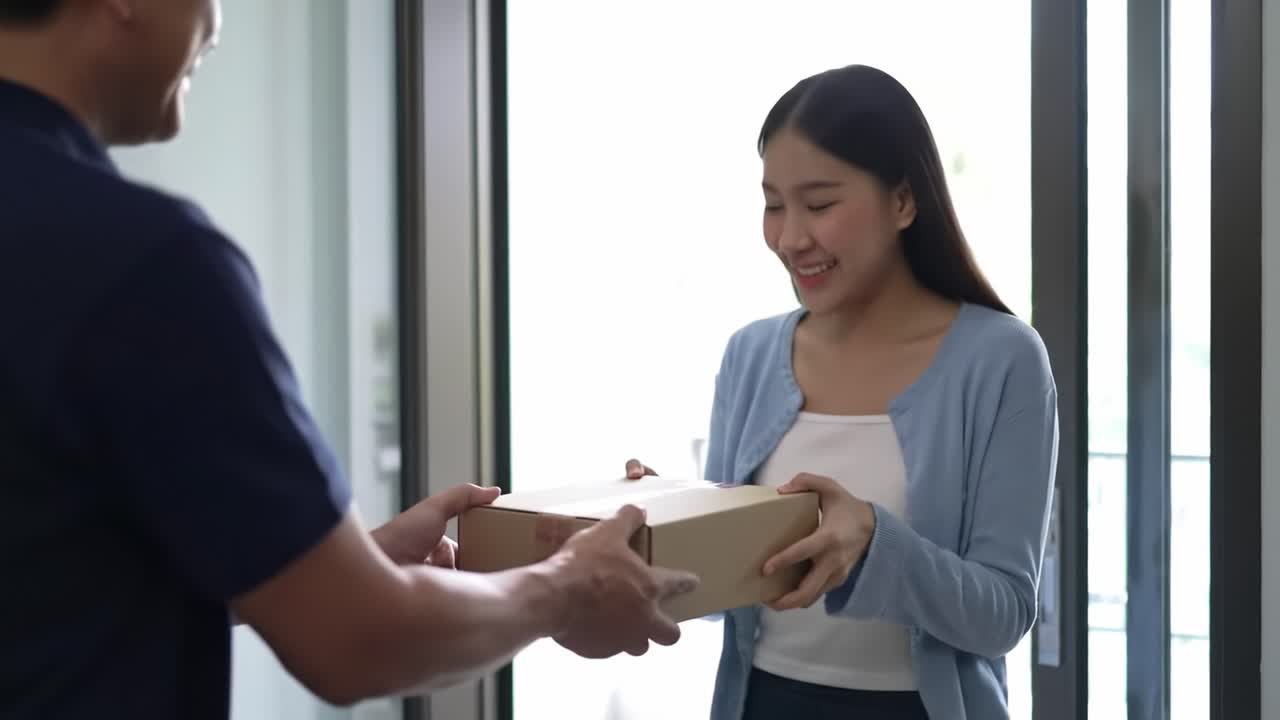 A delivery person hands a package to a woman at her door. She looks happy and surprised, receiving a surprise delivery in a contemporary home interior.