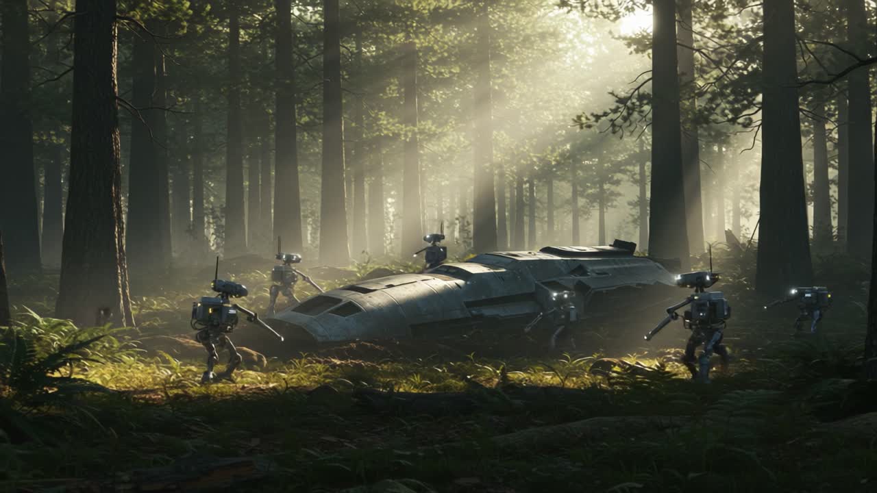 Esplorando un misterioso sito di schianto circondato da robot luminosi in una fitta foresta illuminata dalla luce solare che filtra tra gli alberi.