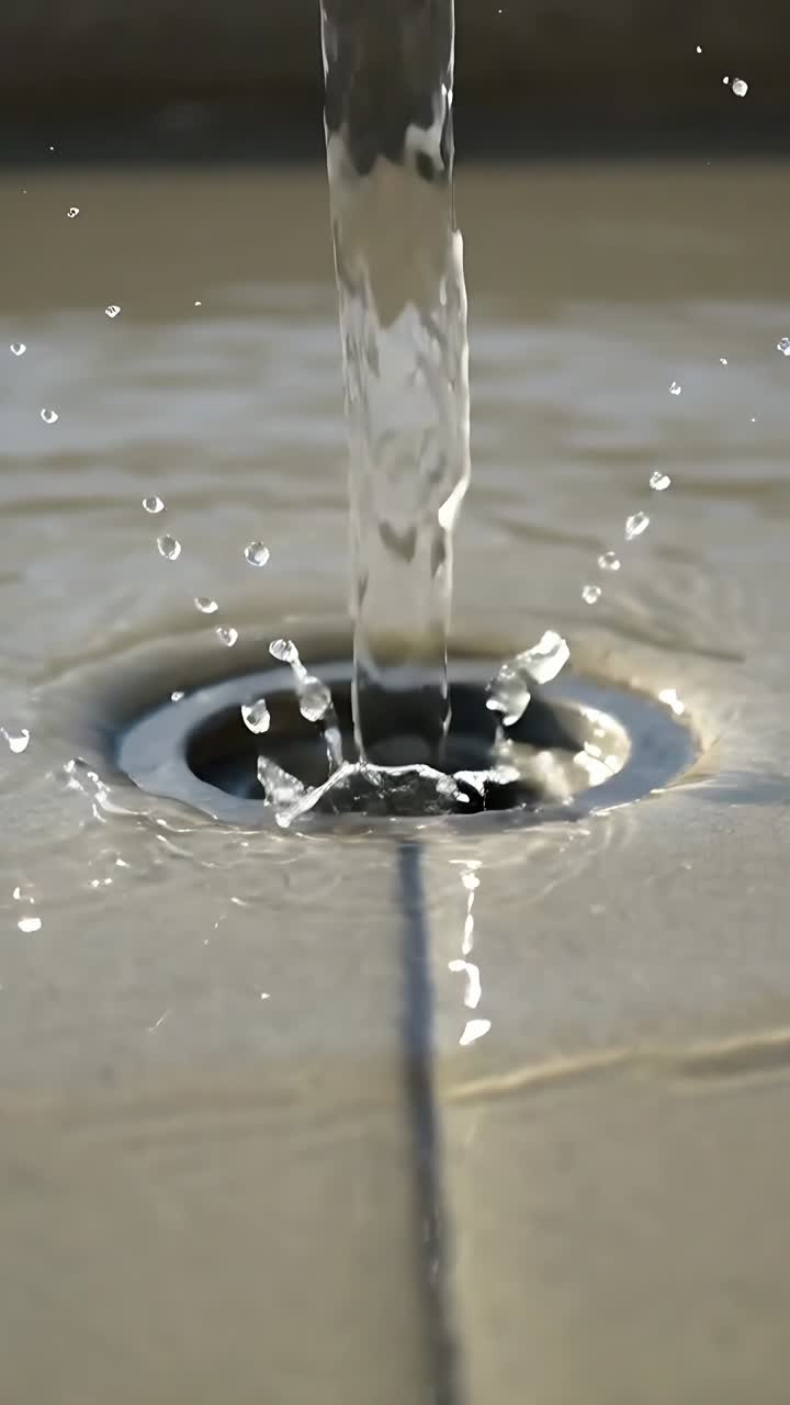 Ruscello d'acqua limpida che scorre e schizza in uno scarico