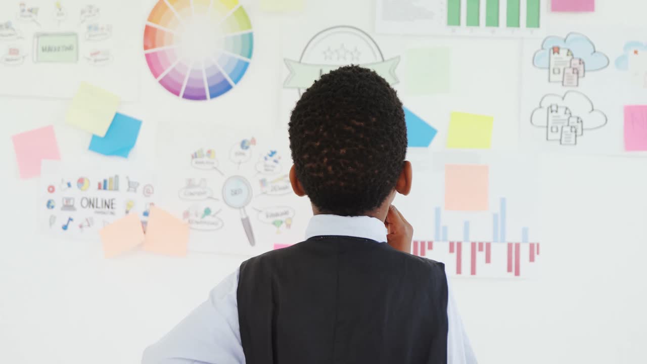 Kid as business executive looking at whiteboard 4k
